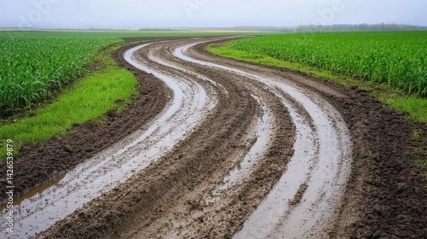 Fototapeta A muddy road curving through farmland with crops growing on either side
