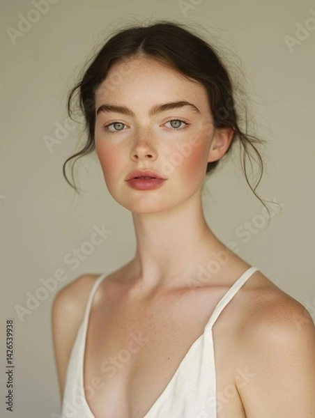 Fototapeta Close-up portrait of a young woman's face and upper body. she is wearing a white tank top with thin straps and her hair is styled in loose waves.