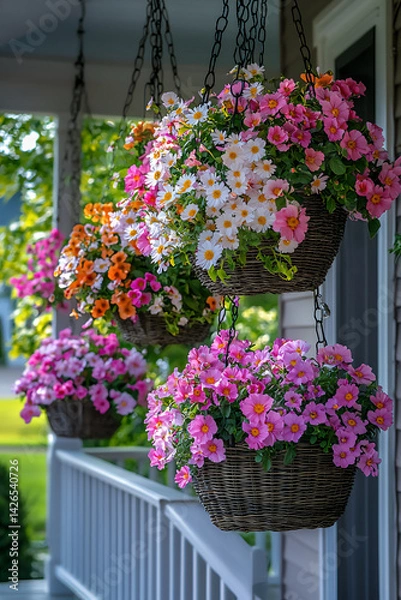 Obraz empty front porch with blooming hanging baskets (usa spring),