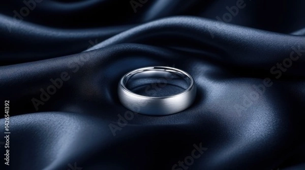 Fototapeta A shiny silver ring centered on dark navy silk fabric with elegant light reflections