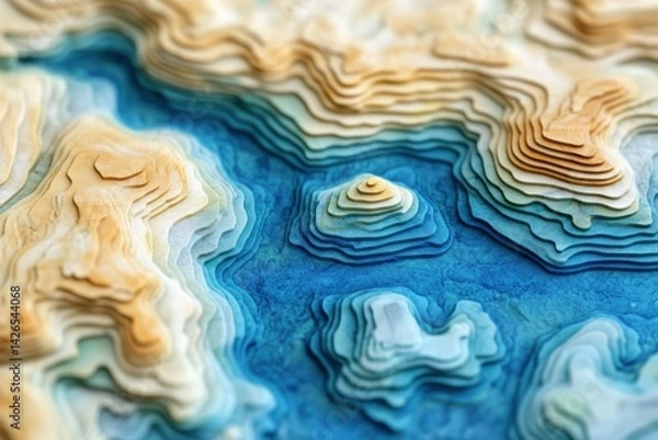 Obraz Topographic coastal mapping with precise elevation contours created by geographers. Scientific terrain data visualization for earth science presentations and environmental research applications.