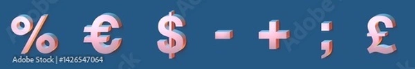 Obraz set of 3d pink numbers on blue background, 3d illustration, bold font, punctuation marks, symbols