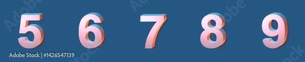 Obraz set of 3d pink numbers on blue background, 3d illustration, bold font, five six, seven, eight, nine