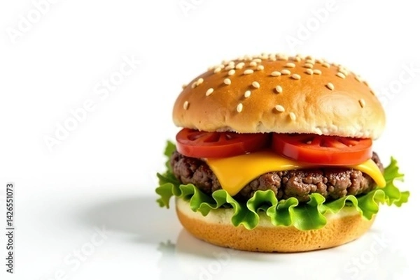 Fototapeta Burger isolated on white, sesame seeds visible, lettuce, lunch