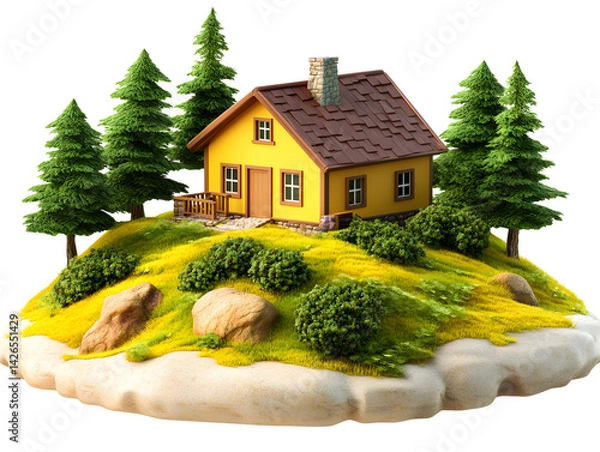 Fototapeta Quaint yellow house on a small green hill with pine trees, rocks, and moss against a transparent background