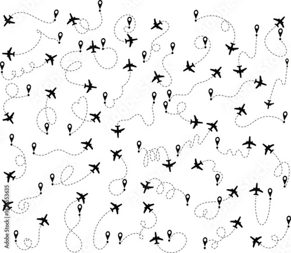 Fototapeta Airplane Flight Path Pattern – Doodle Aircraft Trails Vector Background