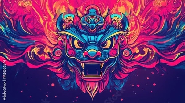 Fototapeta Vibrant backdrop featuring swirling lines and lion dance head icon in center