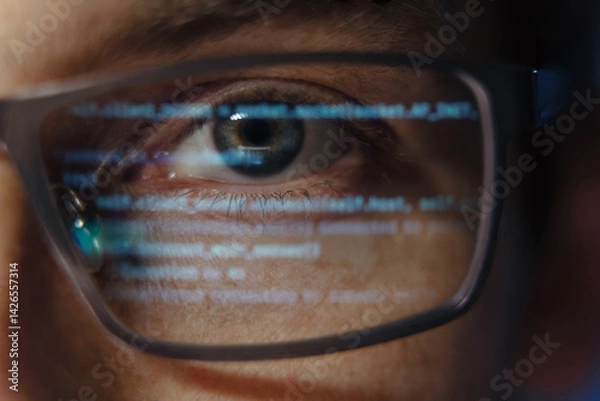 Obraz Extreme close-up of a programmer or software engineer eye with computer code reflecting on glasses, symbolizing cybersecurity, coding, and artificial intelligence development. Data science concept