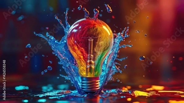 Fototapeta Colorful lightbulb exploding with vibrant water splashes