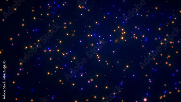 Fototapeta Abstract dark background with many orange and blue glowing dots, a starry sky or particles in space.
