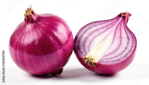 Fototapeta Two red onions, close-up, showing detail, pure white backdrop , fresh, purple, sharp
