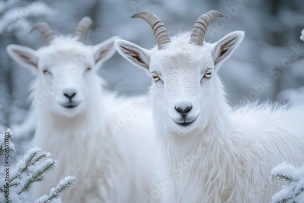 Fototapeta Two snowy white goats in a winter forest