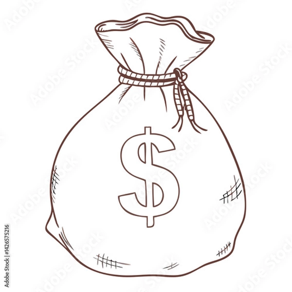 Fototapeta Money Bag Featuring a Dollar Sign, Reflecting Vintage Design Elements in an Intricate Outline Generative AI