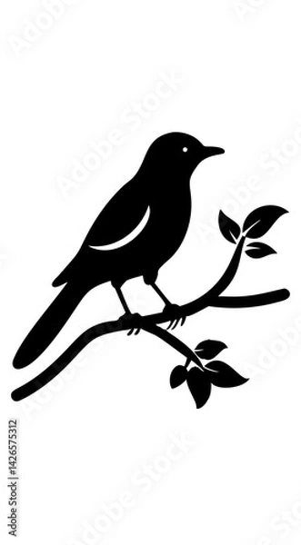Obraz Realistic Outline of a Bird Perched on a Branch Surrounded by Leaves in a Natural Setting Generative AI