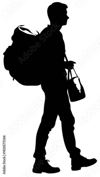 Fototapeta Silhouette of Traveler With Backpack Waiting at Train Station During Evening Generative AI