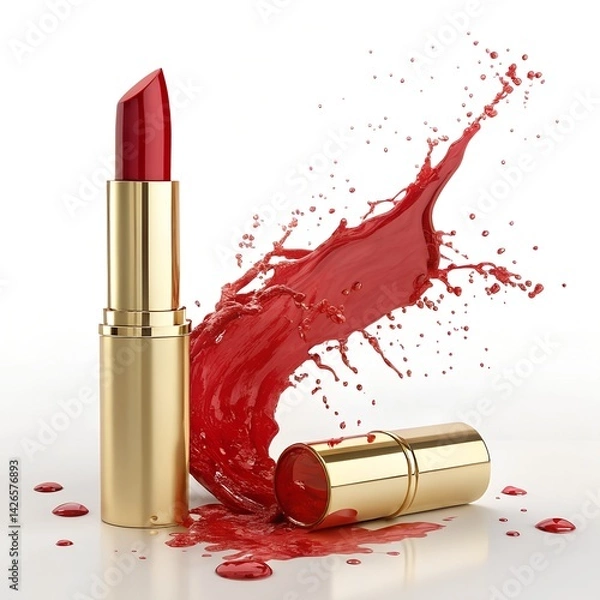 Fototapeta Red lipstick on a white background with a shiny tube and glossy finish