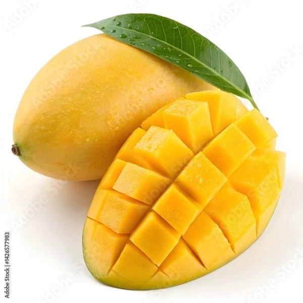 Fototapeta Fresh Ripe Mango Slices with Leaves on White Background