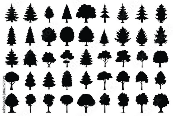 Fototapeta Even More Ultimate Tree collection, 100 detailed, different tree vectors. Evergreen forest firs and spruces black shapes, wild nature trees templates. Vector illustration woodland trees set.