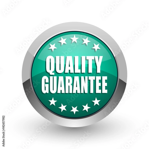 Fototapeta Quality guarantee silver metallic chrome web design green round internet icon with shadow on white background.