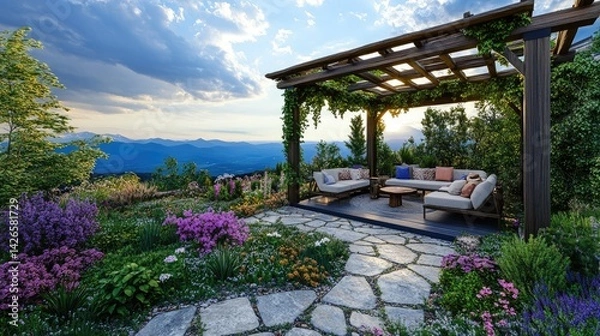 Fototapeta Rewilded rooftop patio with native plants, stone pathways, and natural wood seating under the sky