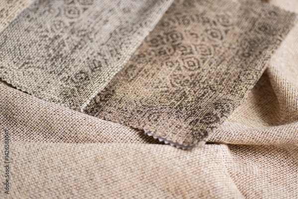 Fototapeta Rustic Textile Samples on Woven Fabric Natural Tones with Subtle Ornament Patterns