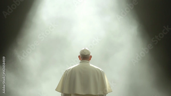 Fototapeta Pope in white robes stands alone in dramatic beam of light cutting through the darkness as symbol of spiritual presence and divine guidance.