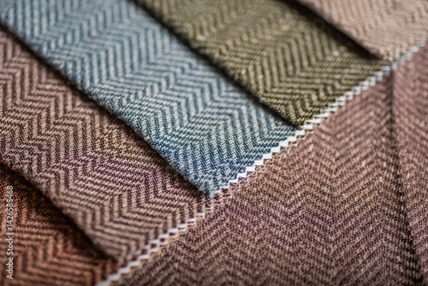 Fototapeta Detailed View of Herringbone Fabric Samples Multi Color Zigzag Pattern Upholstery Textiles