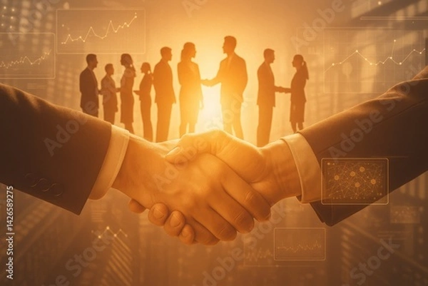 Fototapeta Handshake Harmony: Two hands clasp in a firm handshake, symbolizing collaboration and agreement amidst a backdrop of business figures, all bathed in a warm, ambient glow. 