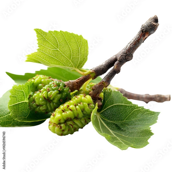 Fototapeta Young, green, unripe mulberries with twig, branch and leaves isolated on white background --v 7.0