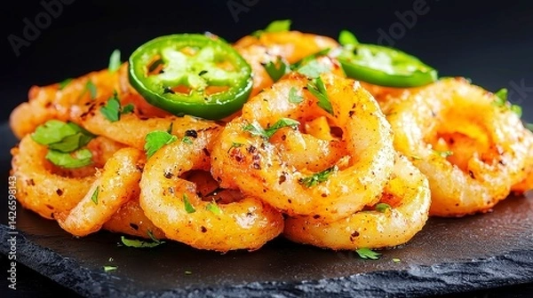 Fototapeta Savory Curly Fries Delight, close-up view of crispy seasoned curly fries topped with gooey melted cheese and zesty jalapeños, presented on a sleek black slate plate.
