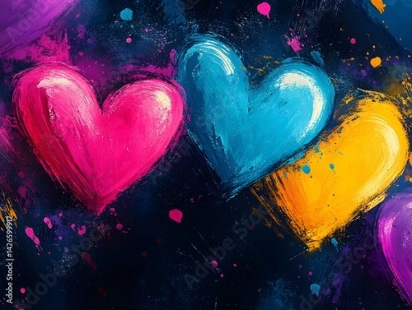 Obraz Pop art style colorful neon hearts on a black background, bright pink, yellow, purple, and blue, playful aesthetic
