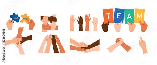 Obraz collection of hand collaboration concept, holding TEAM card, holding puzzle pieces with team and work together, joining, diverse hands raising, support, stack together, huddle group hands vector