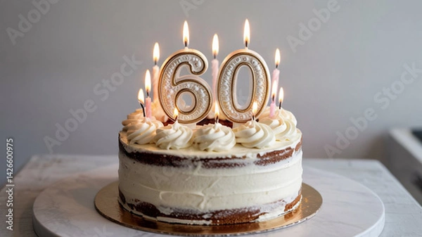 Fototapeta Delicious 60th Birthday Cake with Lit Candles