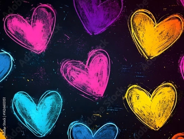 Obraz Pop art style colorful neon hearts on a black background, bright pink, yellow, purple, and blue, playful aesthetic