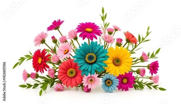 Fototapeta The composition features an array of vibrant flowers in hues of magenta, teal, yellow, and coral, expertly arranged in a harmonious display against a crisp white backdrop