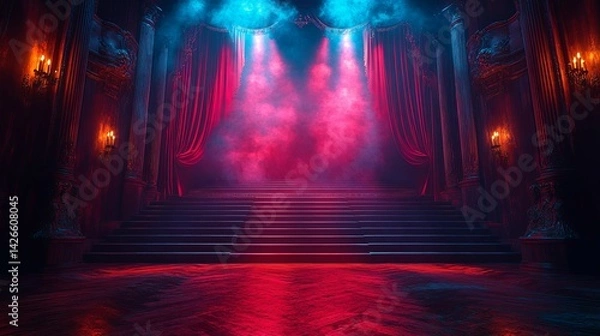 Fototapeta Dramatic theatrical stage design with crimson and turquoise lighting.
