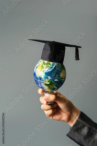 Fototapeta Globe in hand wearing graduation cap. Concept of global education and academic achievement.
