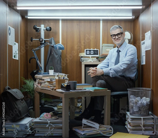 Fototapeta Portrait of a funny businessman working in a tiny messy office