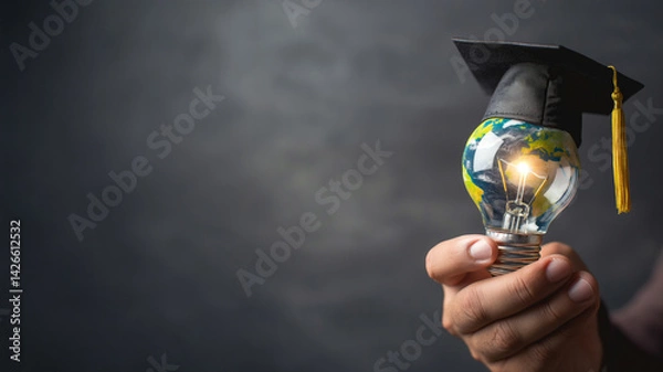 Obraz Light bulb with Earth and graduation cap glowing in hand. Global learning and sustainability concept.
