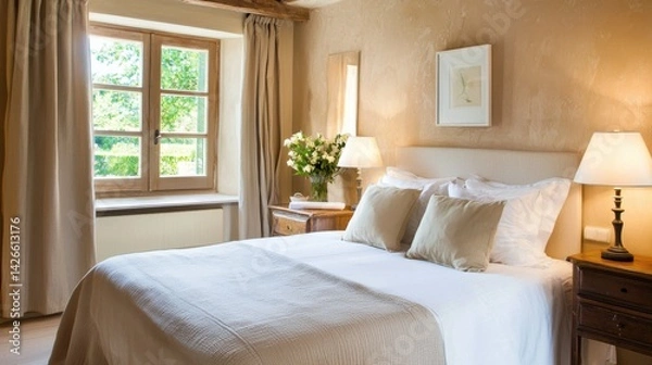 Obraz Dreamy Provencal bedroom, calm linen bedding, warm wood tones, elegant bedside lamps, subtle colors