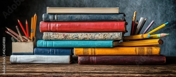 Fototapeta Stack of Books and Colored Pencils on Wooden Table