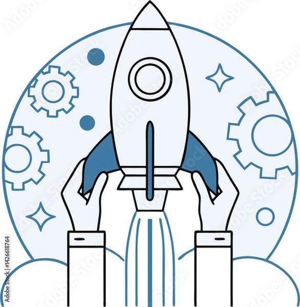 Obraz Rocket Launch Outline Style, Upward Thrust, Gears, Stars, Hand Support