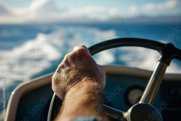 Fototapeta Man steering boat on open water. Nautical adventure and freedom concept.