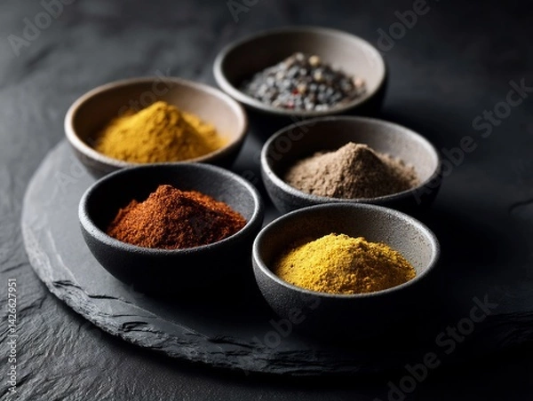 Fototapeta Aromatic spice collection arranged in dark bowls, presented on slate platter