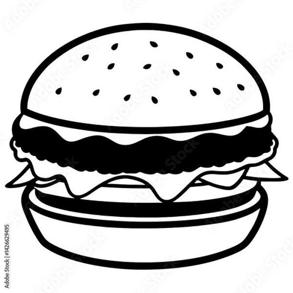 Fototapeta Black and White Vector Illustration of a Cheeseburger with Toppings