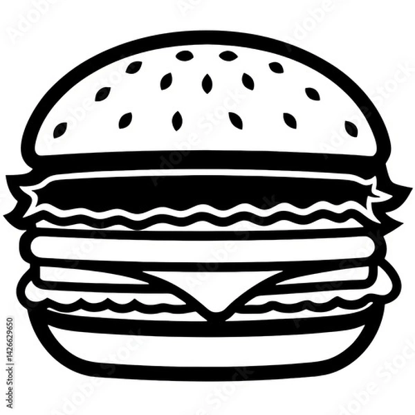 Fototapeta Black and White Vector Illustration of a Cheeseburger with Toppings