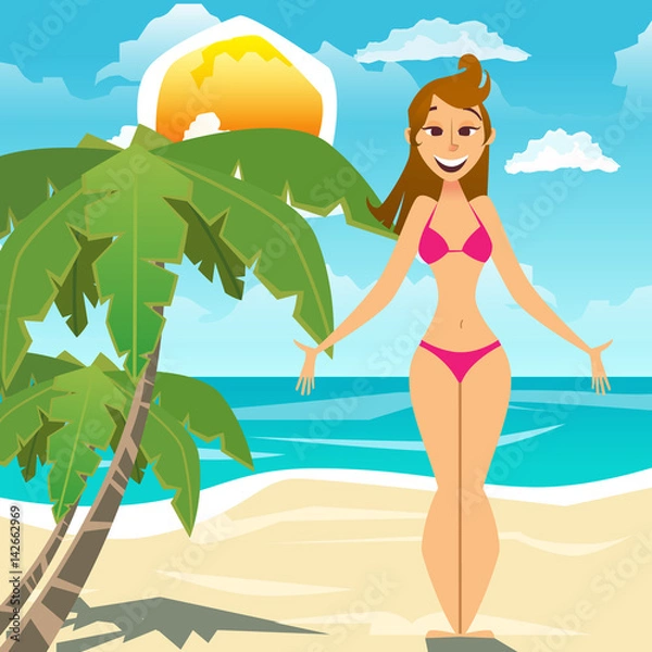 Obraz Młoda kobieta w bikini na słonecznej plaży