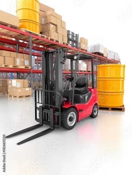 Fototapeta Red forklift positioned in a warehouse, surrounded by stacked boxes and barrels, ready for loading and unloading tasks.