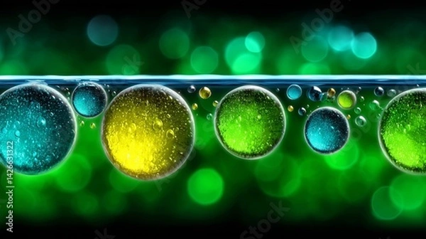 Fototapeta Vibrant bubbles of various colors floating in water, creating a mesmerizing abstract background.