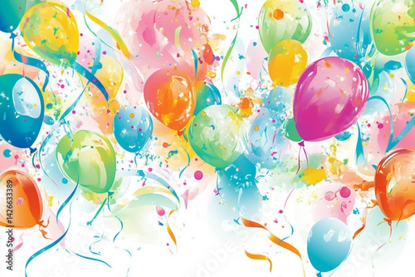 Obraz Colorful festive background with glittering ornaments and confetti for birthday celebration. Concept of the artistic celebration design for party invitations.